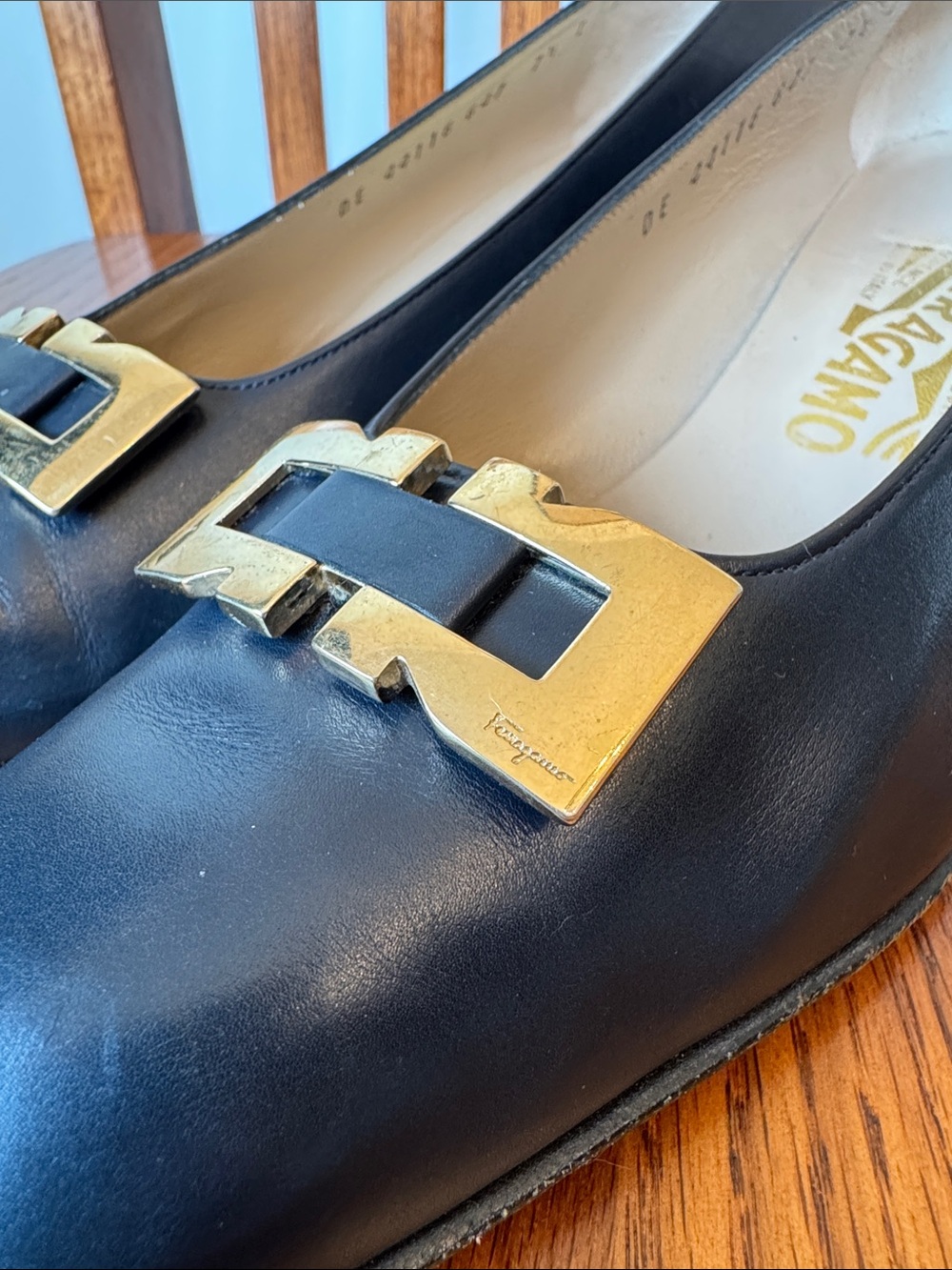 Ferragamo Navy Blue Leather Heels with Gold Buckle Accent - Picture 6 of 7